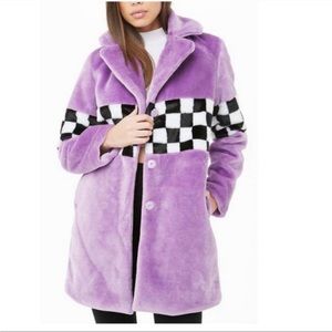 Forever 21 Checkered Panel Long Faux Purple Fur
Button Up Retro Coat Size S